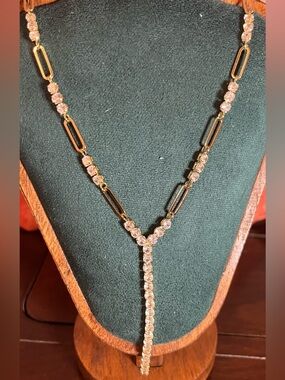 Gold Paperclip & Diamond-like CZ Y-Style Necklace 16-18”; drop is 3”